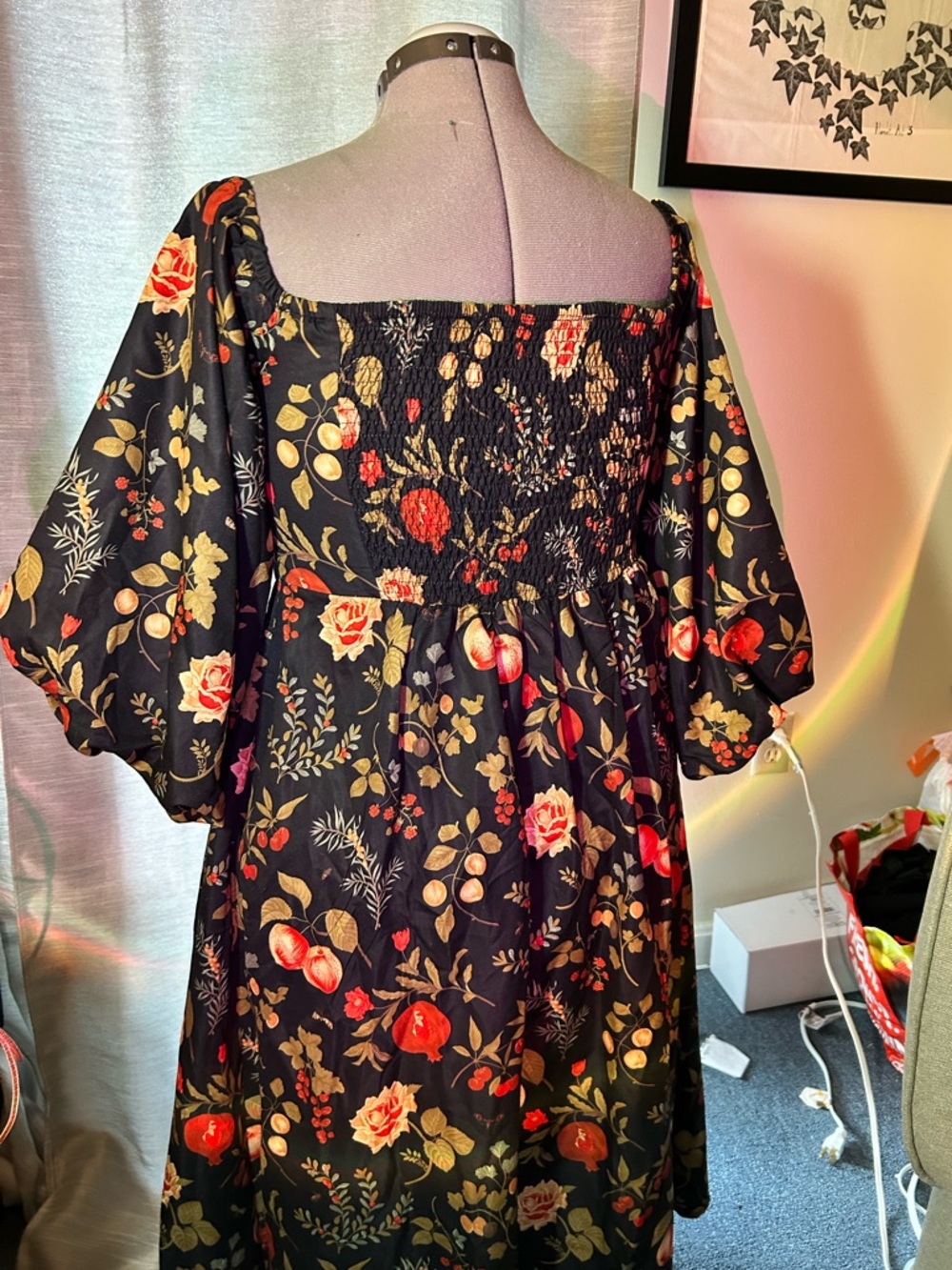 Cider Black One-Shoulder Midi Dress with Red and Gold Floral Print - Picture 3 of 4